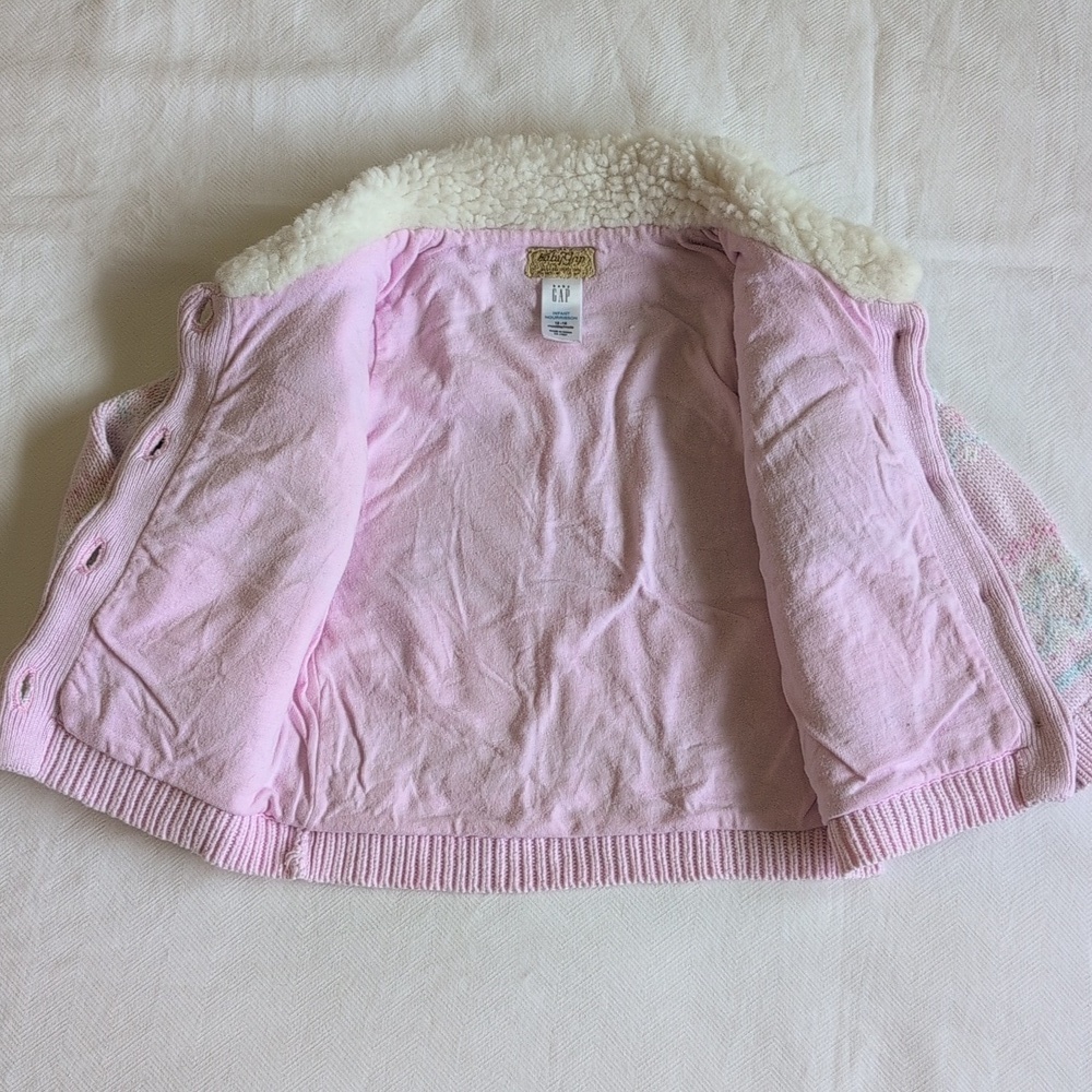 vintage Y2K babyGap fair isle faux fur collar knit cardigan sweater 12-18 months - Picture 8 of 11